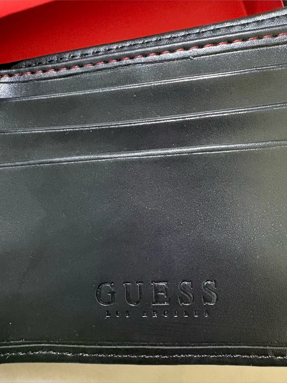 GUESS Black Leather Men's Wallet with Red Stitch Accents